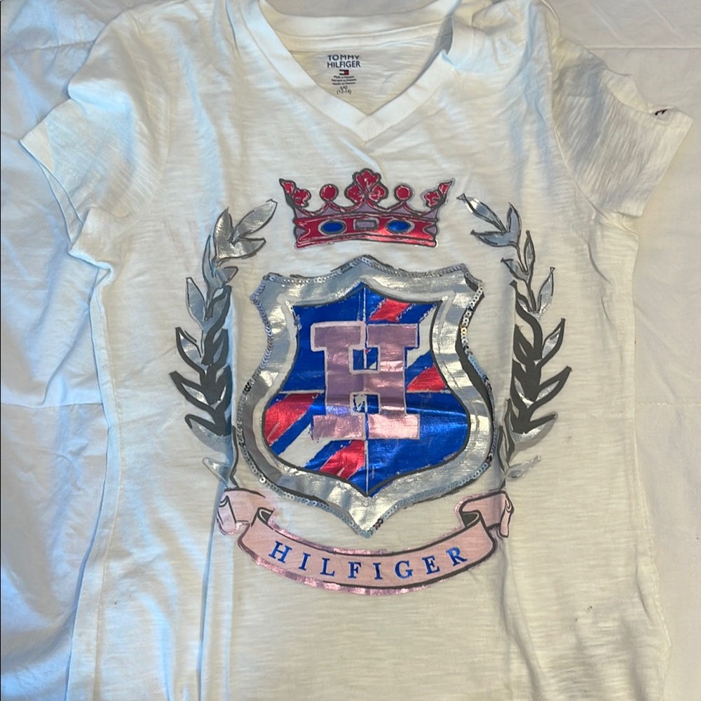Tommy Hilfiger White and Blue Short Sleeve Tee